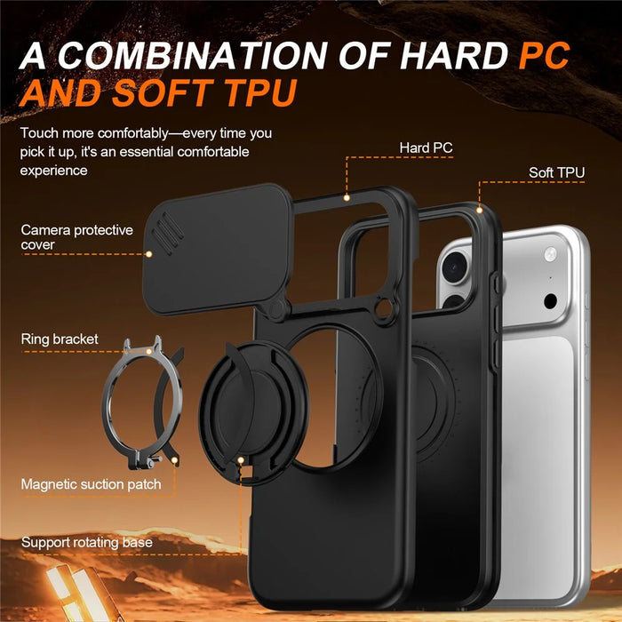 For iPhone 17 Pro Max Magnetic Case Ring Kickstand Slide Camera Cover TPU PC Hybrid Phone Shell - Black - 7