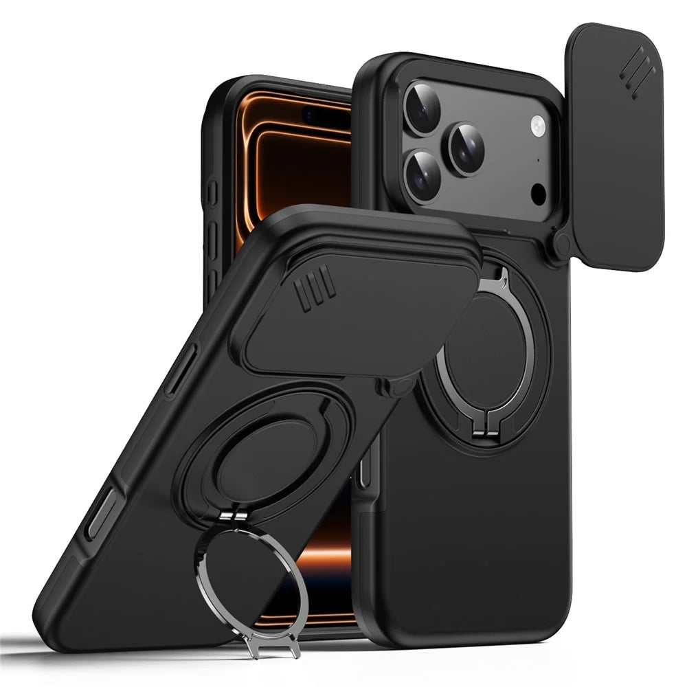 For iPhone 17 Pro Magnetic Case Ring Kickstand Slide Camera Cover TPU PC Hybrid Phone Shell - Black - 1
