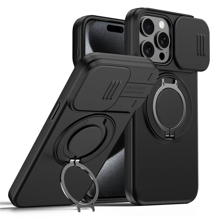 For iPhone 15 Pro Max Magnetic Case Ring Kickstand Slide Camera Cover TPU PC Hybrid Phone Shell - Black - 1