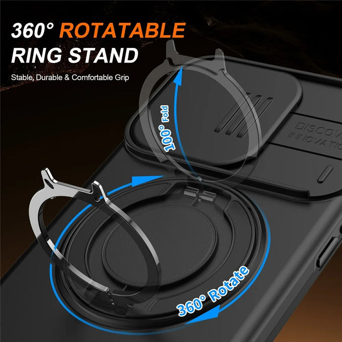 For iPhone 15 Pro Max Magnetic Case Ring Kickstand Slide Camera Cover TPU PC Hybrid Phone Shell - Black - 2