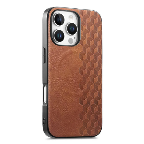 For iPhone 16 Pro / iPhone 16 Pro Max Magnetic Phone Case with Grid Pattern Protective PU Leather + PC Cover - Brown - 1