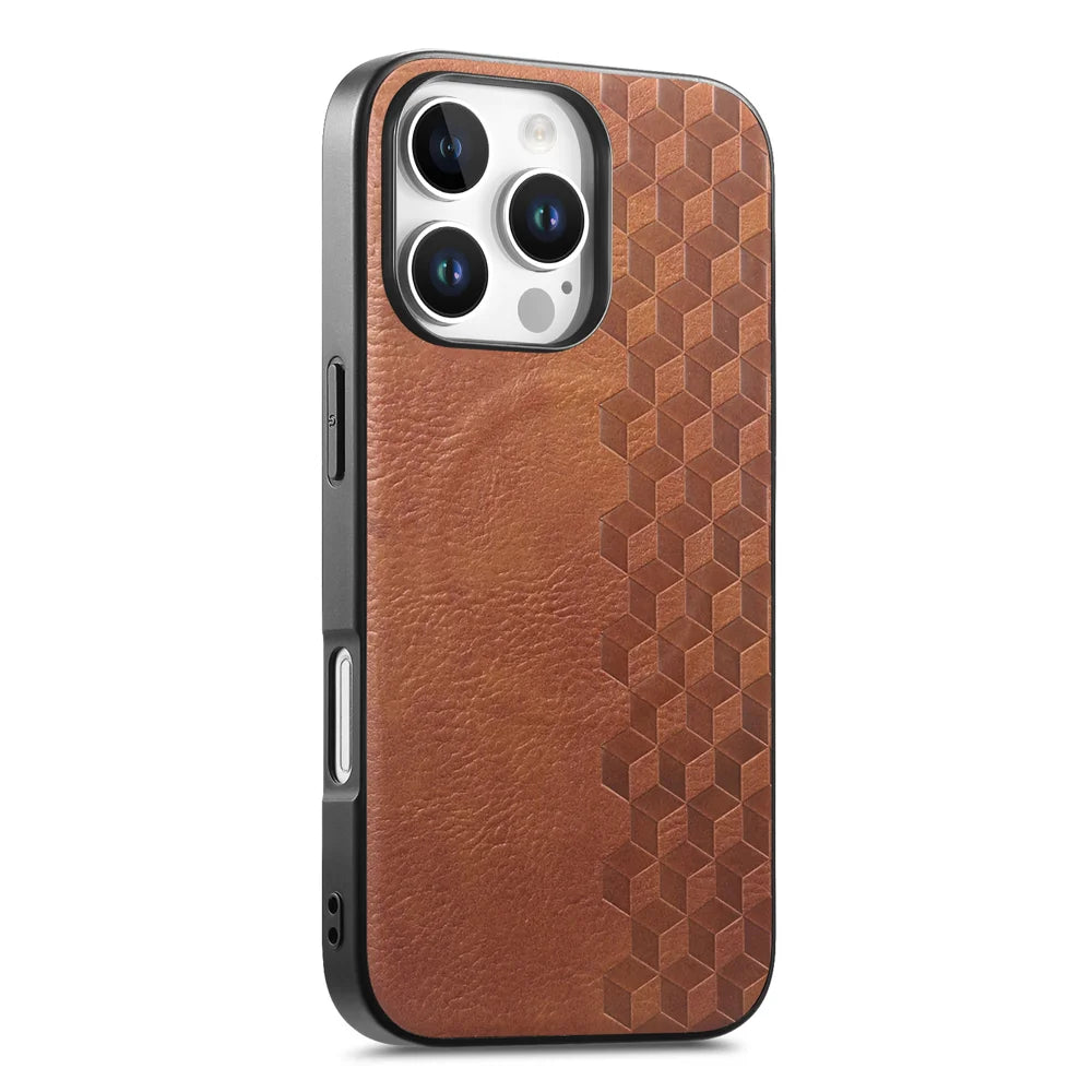 For iPhone 16 Pro / iPhone 16 Pro Max Magnetic Phone Case with Grid Pattern Protective PU Leather + PC Cover - Brown - 1