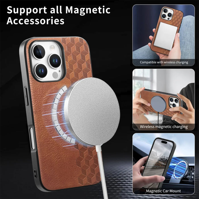 For iPhone 16 Pro / iPhone 16 Pro Max Magnetic Phone Case with Grid Pattern Protective PU Leather + PC Cover - Brown - 6
