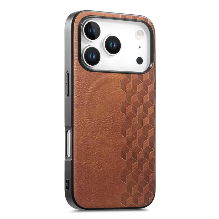 For iPhone 17 Pro Magnetic Phone Case with Grid Pattern Protective PU Leather + PC Cover - Brown - 1