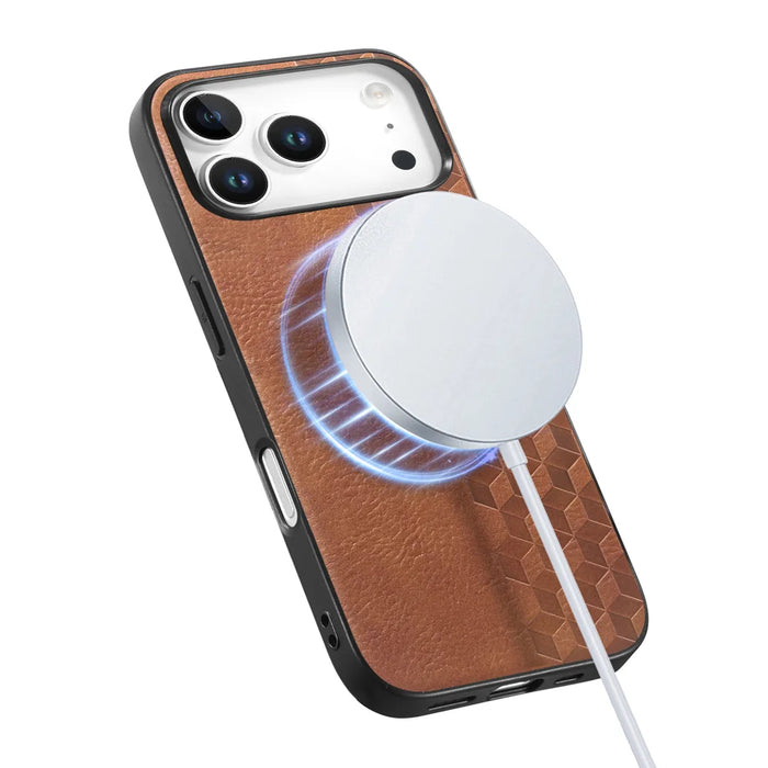 For iPhone 17 Pro Magnetic Phone Case with Grid Pattern Protective PU Leather + PC Cover - Brown - 3
