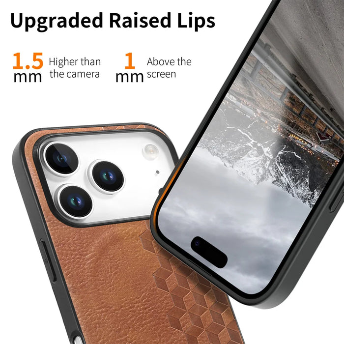 For iPhone 17 Pro Magnetic Phone Case with Grid Pattern Protective PU Leather + PC Cover - Brown - 4