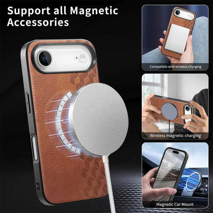 For iPhone Air Magnetic Phone Case with Grid Pattern Protective PU Leather + PC Cover - Brown - 6