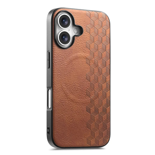For iPhone 16 Magnetic Phone Case with Grid Pattern Protective PU Leather + PC Cover - Brown - 1