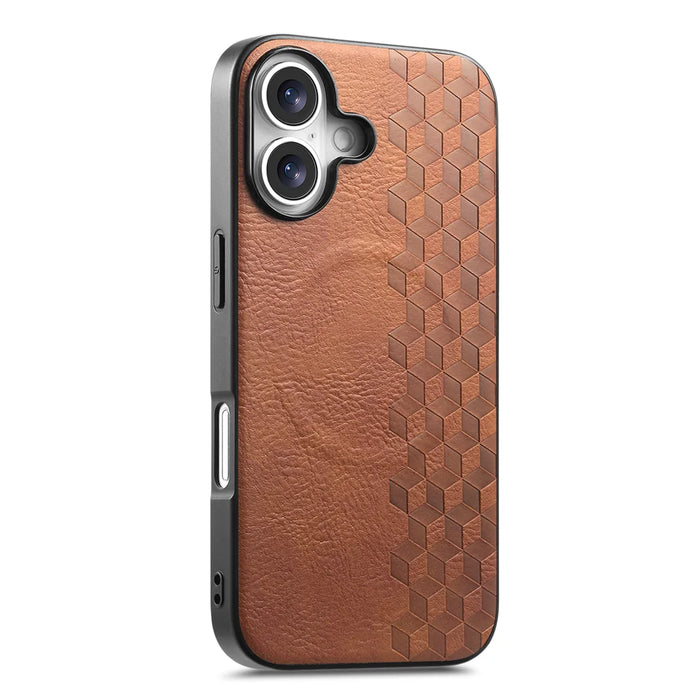 For iPhone 16 Magnetic Phone Case with Grid Pattern Protective PU Leather + PC Cover - Brown - 1