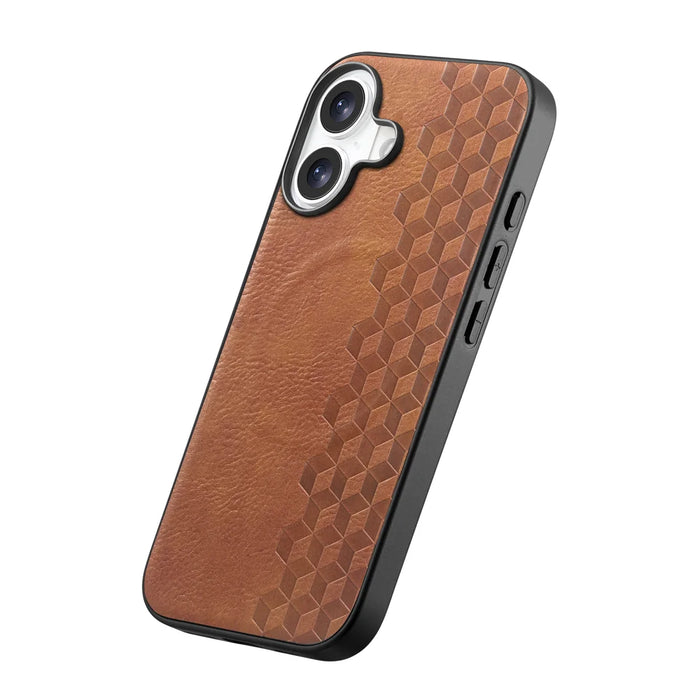 For iPhone 16 Magnetic Phone Case with Grid Pattern Protective PU Leather + PC Cover - Brown - 3