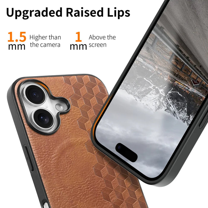 For iPhone 16 Magnetic Phone Case with Grid Pattern Protective PU Leather + PC Cover - Brown - 6