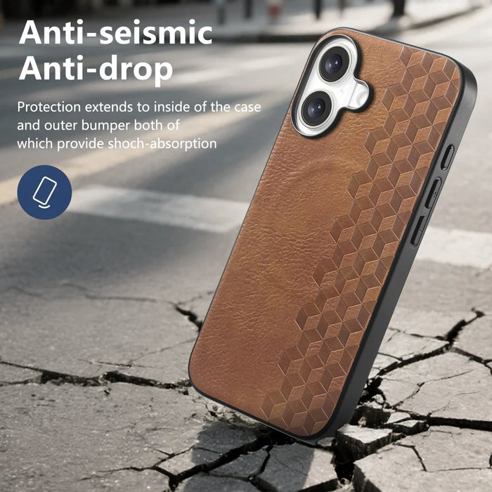 For iPhone 17 Magnetic Phone Case with Grid Pattern Protective PU Leather + PC Cover - Brown - 7