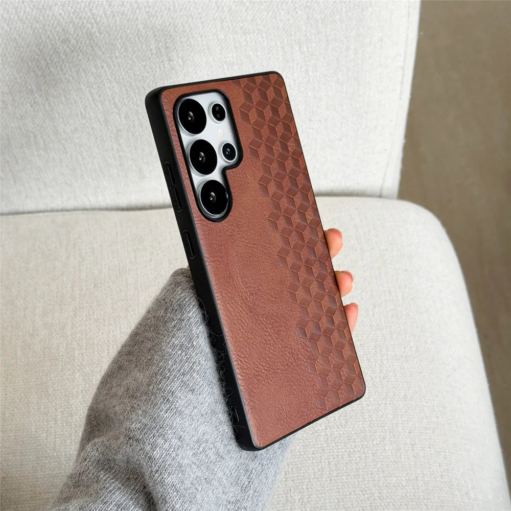 For Samsung Galaxy S26 Ultra Magnetic Phone Case with Grid Pattern Protective PU Leather + PC Cover - Brown - 3