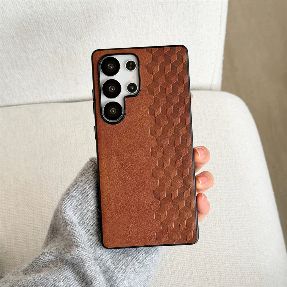 For Samsung Galaxy S25 Ultra Magnetic Phone Case with Grid Pattern Protective PU Leather + PC Cover - Brown - 1