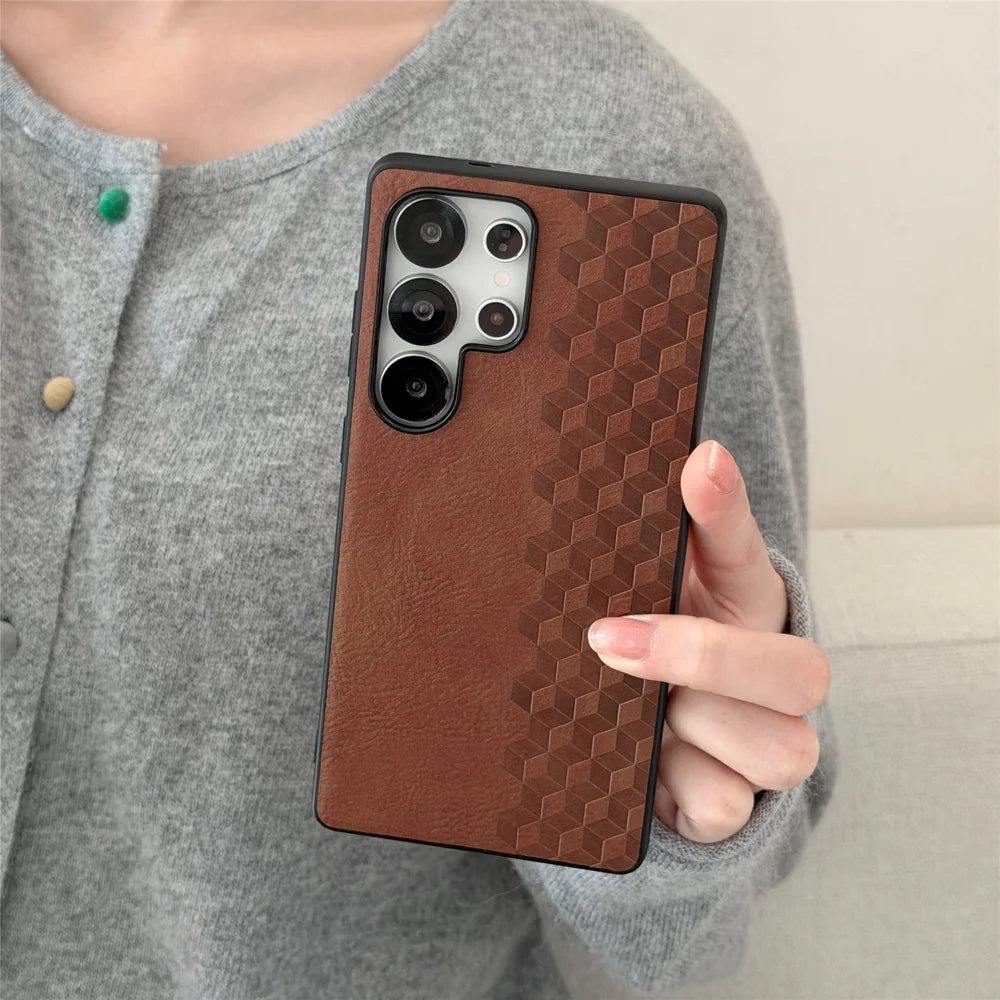 For Samsung Galaxy S25 Ultra Magnetic Phone Case with Grid Pattern Protective PU Leather + PC Cover - Brown - 2