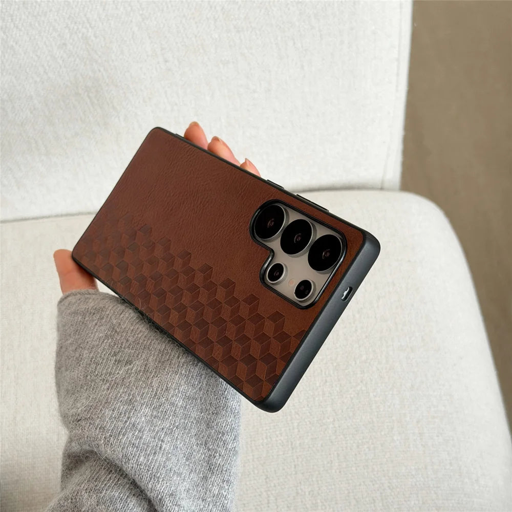 For Samsung Galaxy S25 Ultra Magnetic Phone Case with Grid Pattern Protective PU Leather + PC Cover - Brown - 3