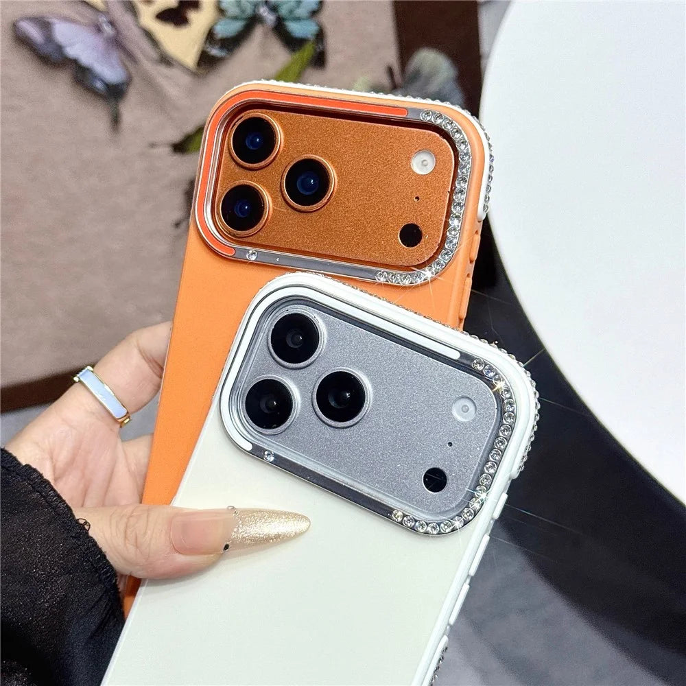 For iPhone  18 Pro / 17  Pro Case Glitter Diamond Edge TPU Acrylic Anti-fingerprint Matte Shockproof Cover - Orange - 3