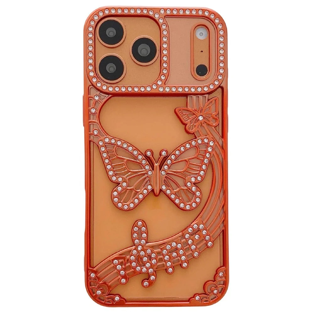 For iPhone  18 Pro / 17  Pro Case Butterfly Rhinestone 3D Relief Hollow Design TPU Shockproof Cover - Orange - 1