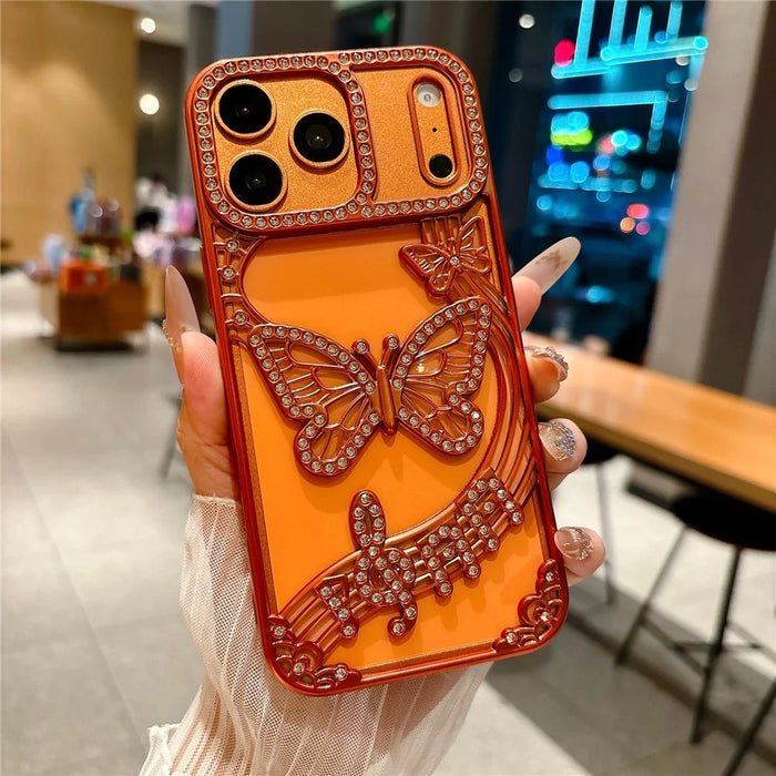 For iPhone  18 Pro / 17  Pro Case Butterfly Rhinestone 3D Relief Hollow Design TPU Shockproof Cover - Orange - 2
