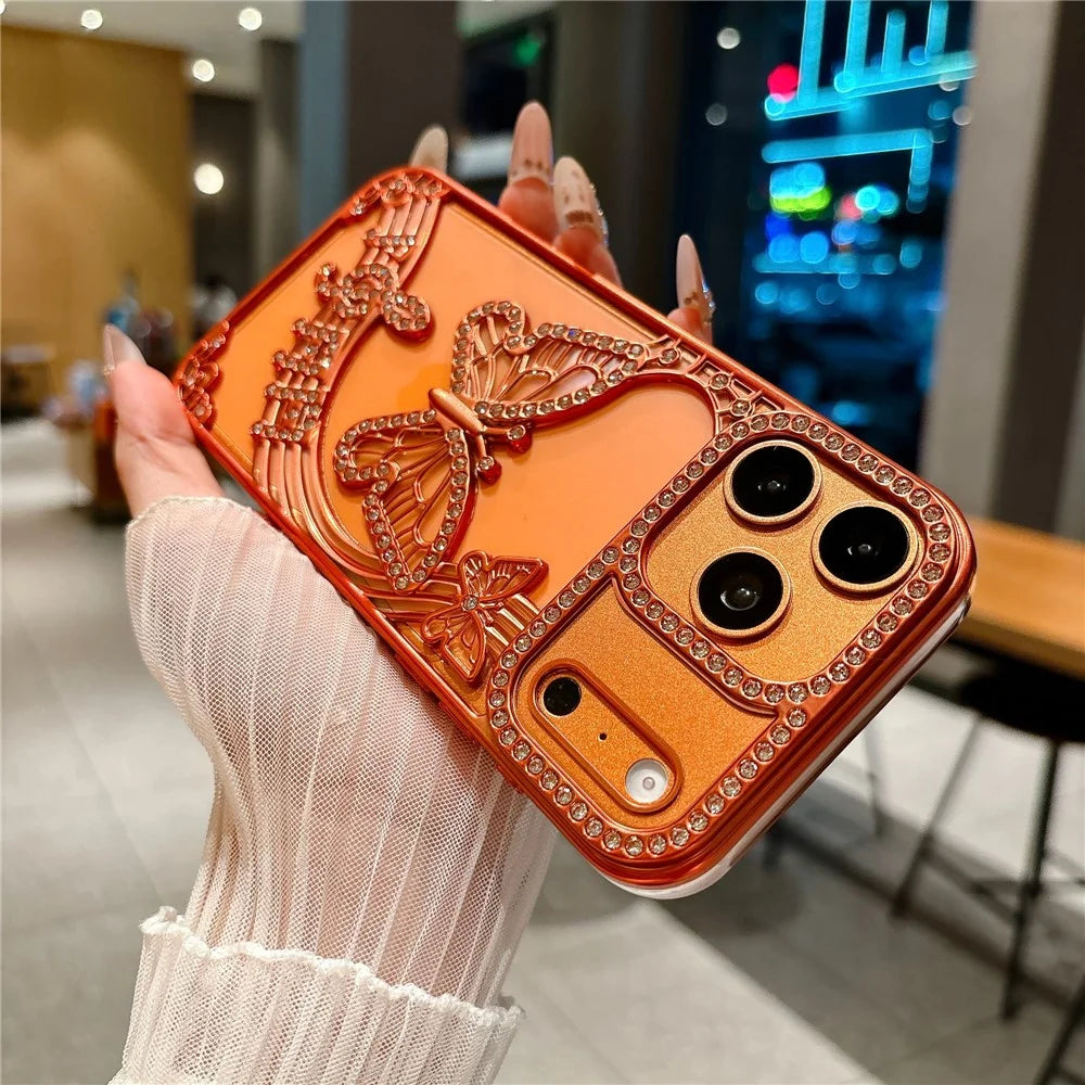 For iPhone 17 Pro Max Case Butterfly Rhinestone 3D Relief Hollow Design TPU Shockproof Cover - Orange - 3