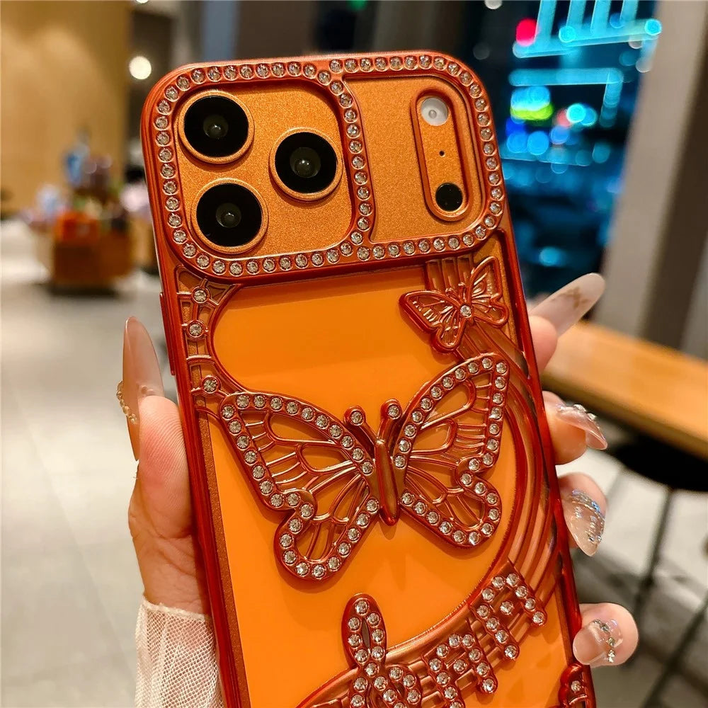 For iPhone 17 Pro Max Case Butterfly Rhinestone 3D Relief Hollow Design TPU Shockproof Cover - Orange - 5