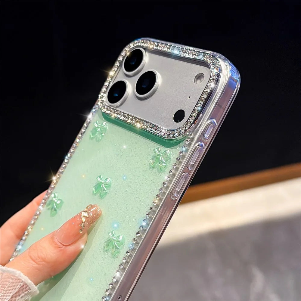 For iPhone 18 Pro / 17 Pro Case Rhinestone Aurora Butterfly Bow Glitter TPU + PC IMD Phone Cover - Glitter Light Green - 2