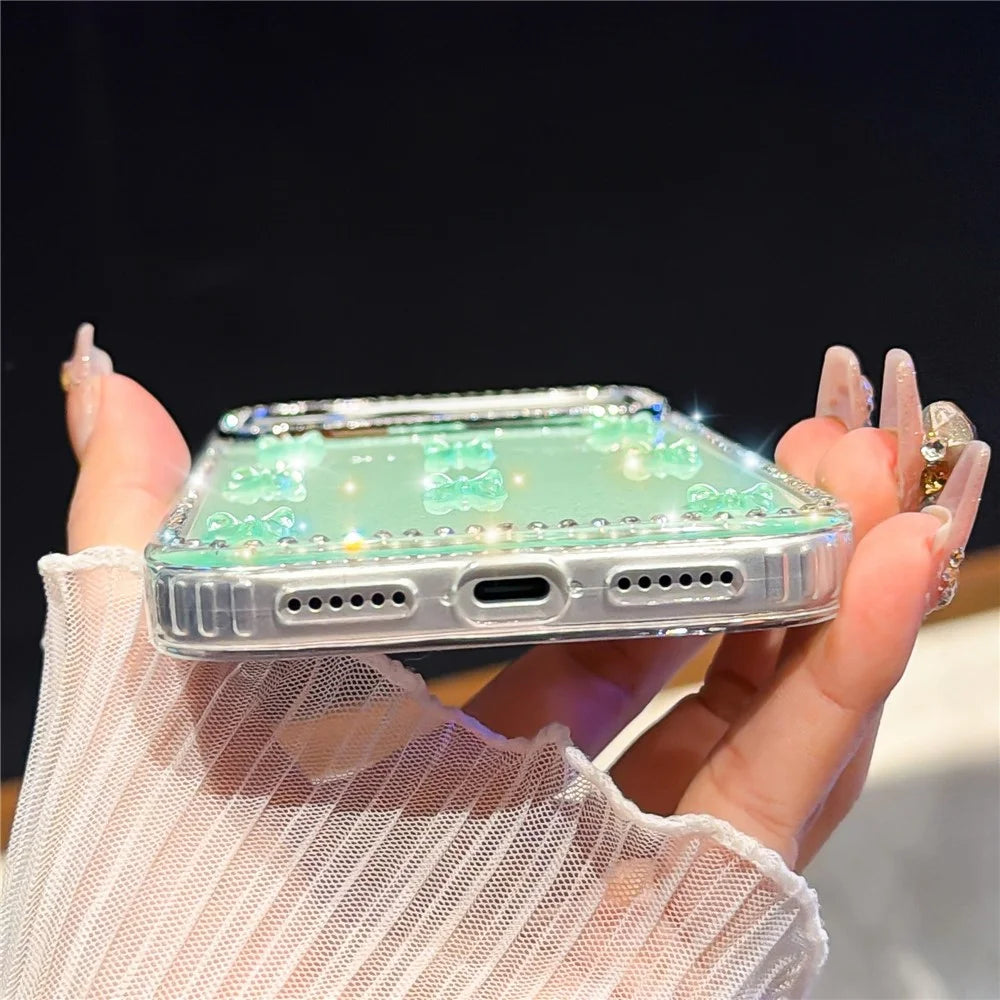 For iPhone 18 Pro / 17 Pro Case Rhinestone Aurora Butterfly Bow Glitter TPU + PC IMD Phone Cover - Glitter Light Green - 3