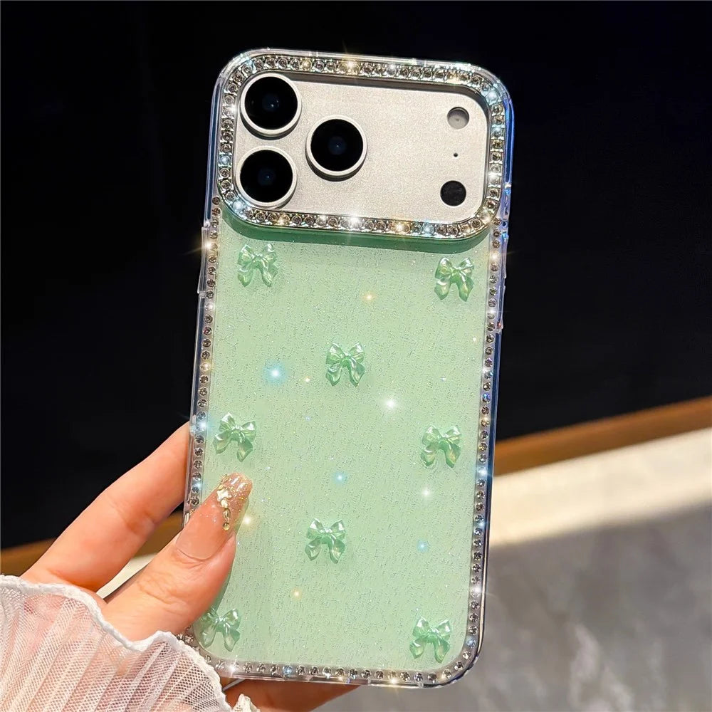 For iPhone 18 Pro Max / 17 Pro Max Case Rhinestone Aurora Butterfly Bow Glitter TPU + PC IMD Phone Cover - Glitter Light Green - 1
