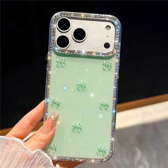 For iPhone 18 Pro Max / 17 Pro Max Case Rhinestone Aurora Butterfly Bow Glitter TPU + PC IMD Phone Cover - Glitter Light Green - 1