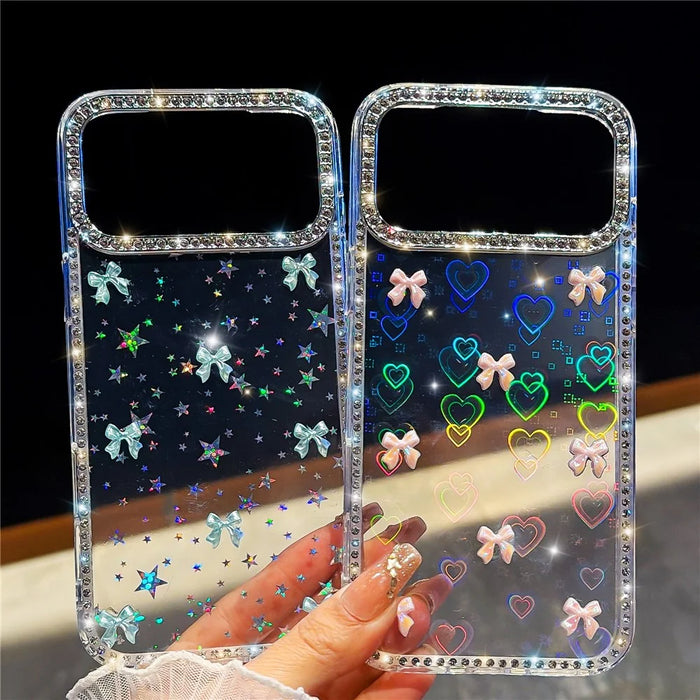 For iPhone 18 Pro Max / 17 Pro Max Case Rhinestone Aurora Butterfly Bow Glitter TPU + PC IMD Phone Cover - Glitter Light Green - 5