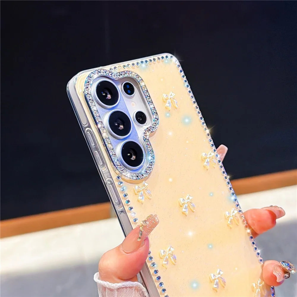 For Samsung Galaxy S26 Ultra Case Rhinestone Aurora Butterfly Bow Glitter TPU + PC IMD Phone Cover - Glitter Light Yellow - 2
