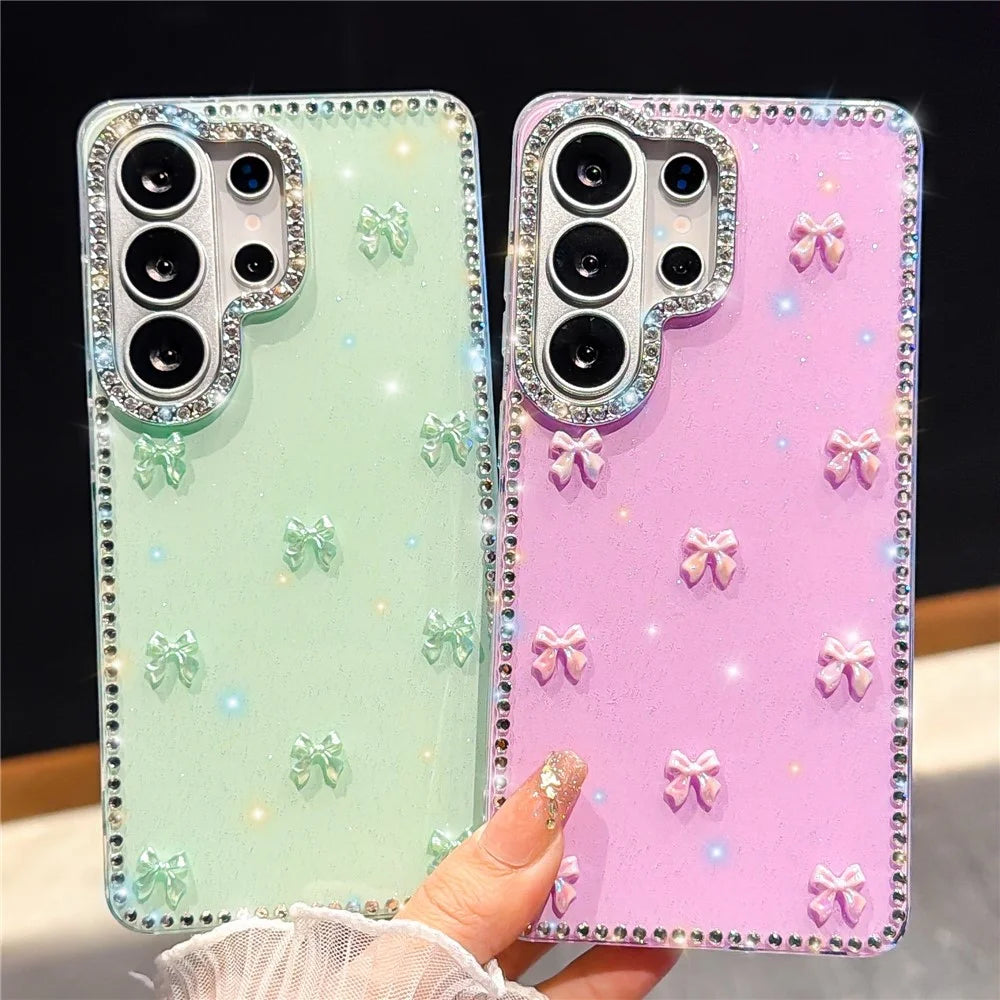 For Samsung Galaxy S26 Ultra Case Rhinestone Aurora Butterfly Bow Glitter TPU + PC IMD Phone Cover - Glitter Light Yellow - 6