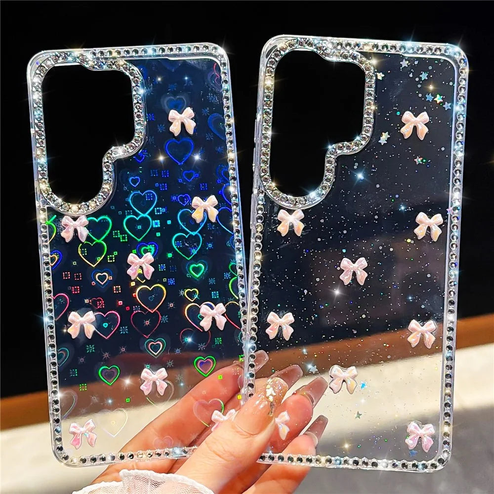 For Samsung Galaxy S26 Ultra Case Rhinestone Aurora Butterfly Bow Glitter TPU + PC IMD Phone Cover - Glitter Light Yellow - 7