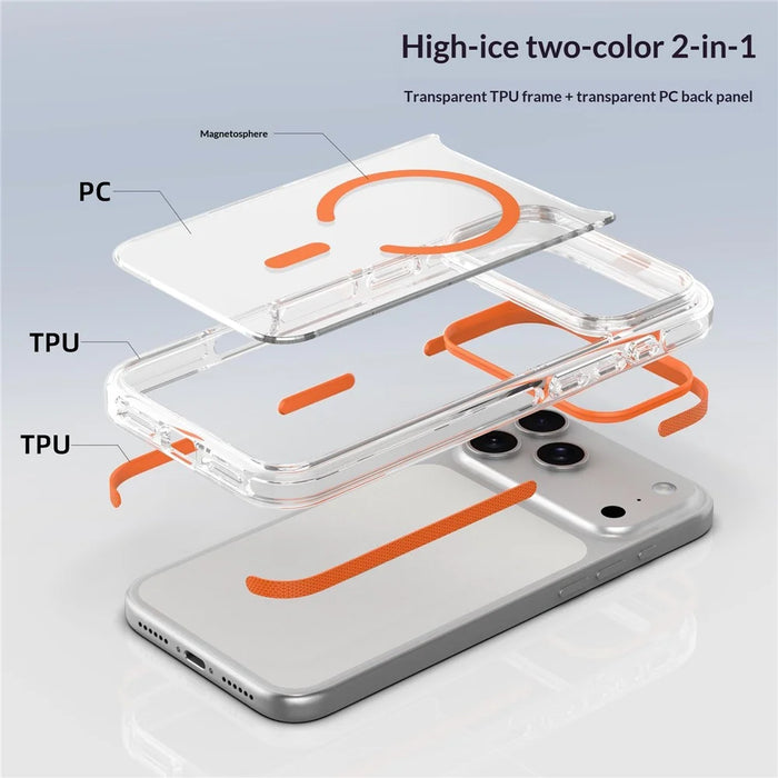 For iPhone 17 Pro Magnetic Case Clear PC TPU TPE Shockproof Cover Compatible with MagSafe - Orange - 3