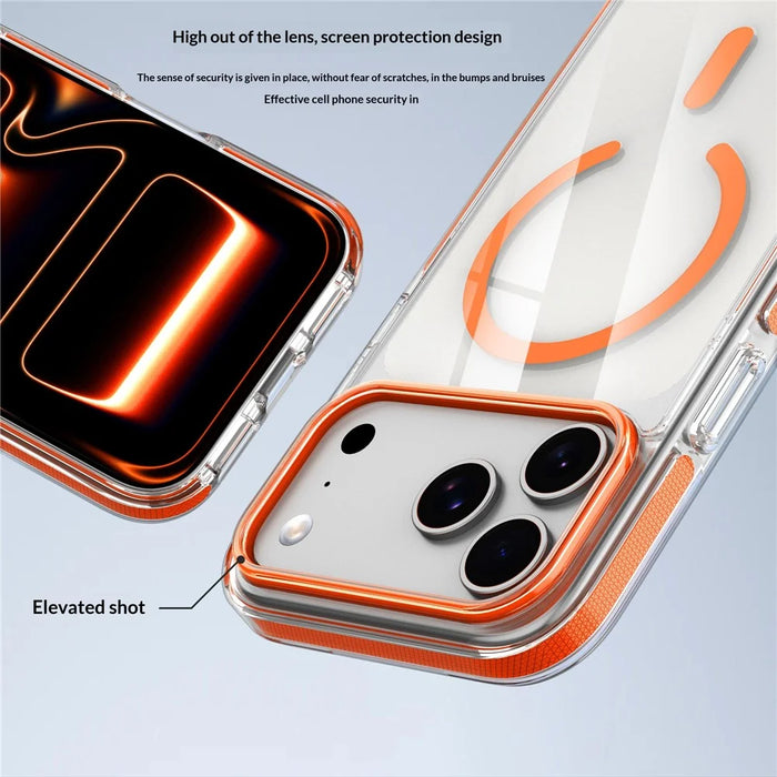 For iPhone 17 Pro Magnetic Case Clear PC TPU TPE Shockproof Cover Compatible with MagSafe - Orange - 5