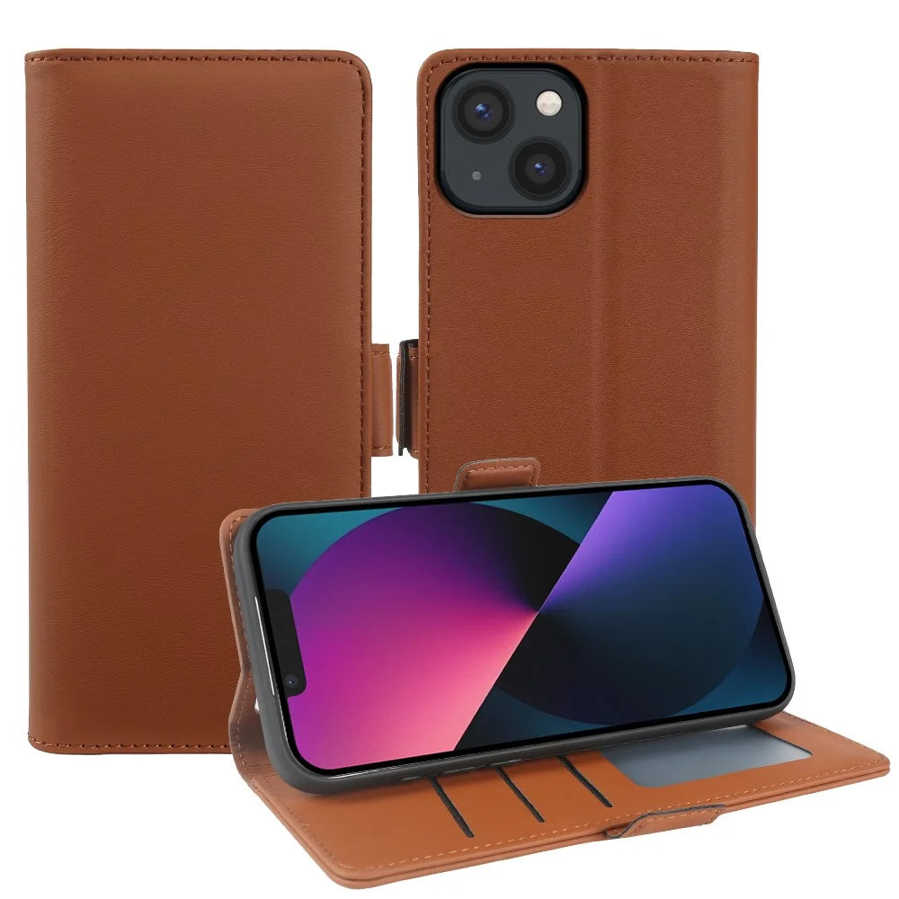 For iPhone 13 Leather Case Wallet Stand TPU + PU Skin-touch Cover - Brown - 1