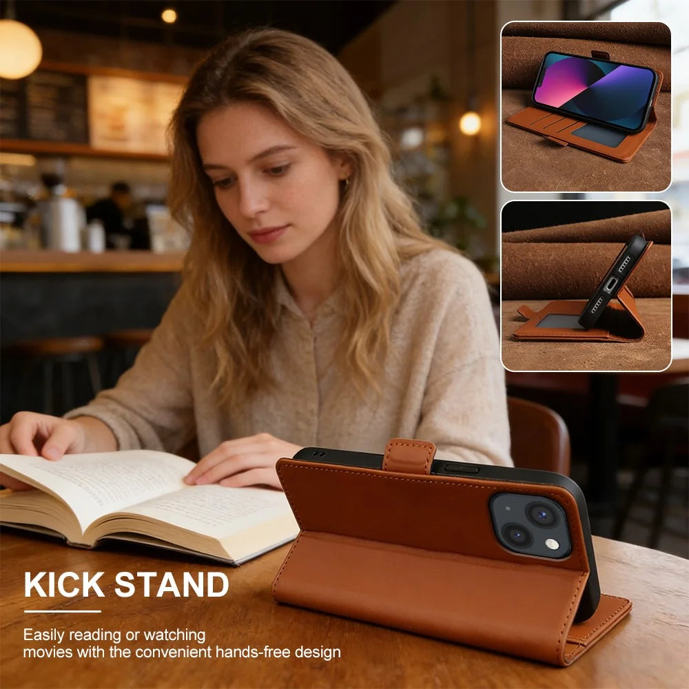 For iPhone 13 Leather Case Wallet Stand TPU + PU Skin-touch Cover - Brown - 5