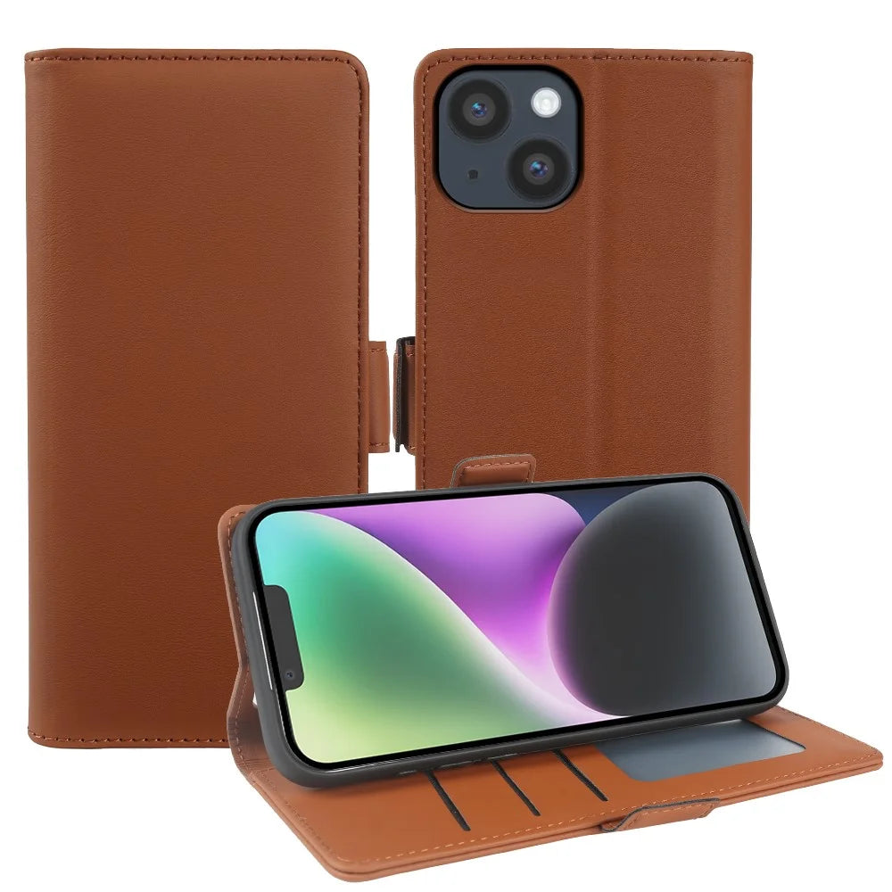 For iPhone 14 Leather Case Wallet Stand TPU + PU Skin-touch Cover - Brown - 1