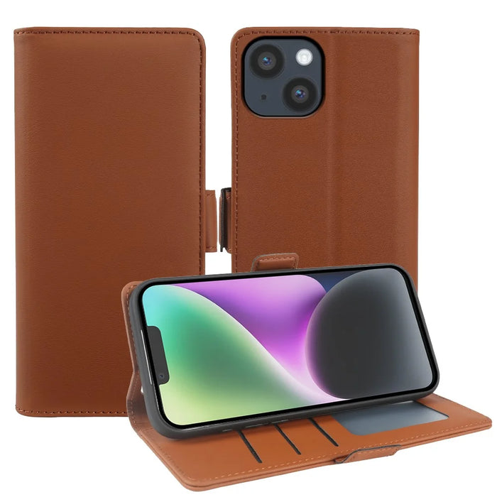 For iPhone 14 Leather Case Wallet Stand TPU + PU Skin-touch Cover - Brown - 1
