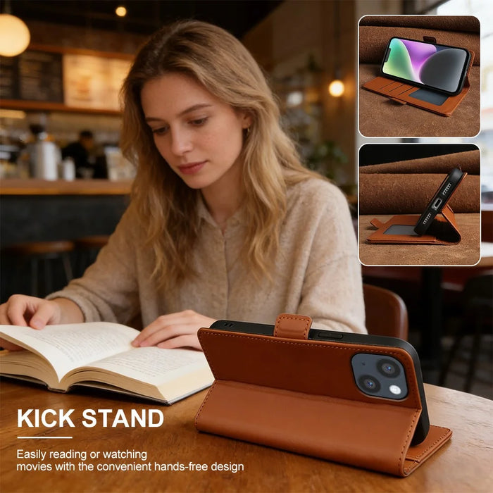 For iPhone 14 Leather Case Wallet Stand TPU + PU Skin-touch Cover - Brown - 5