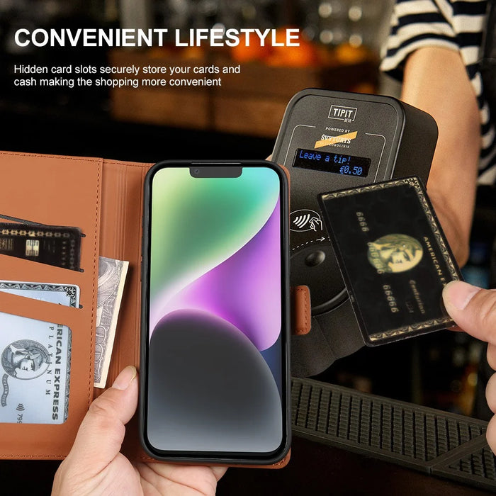 For iPhone 14 Leather Case Wallet Stand TPU + PU Skin-touch Cover - Brown - 6