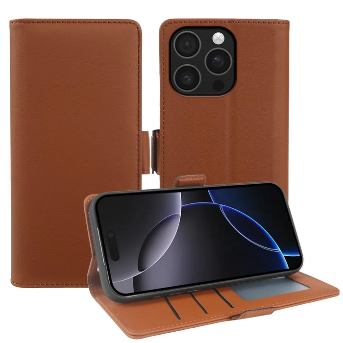For iPhone 16 Pro Leather Case Wallet Stand TPU + PU Skin-touch Cover - Brown - 1