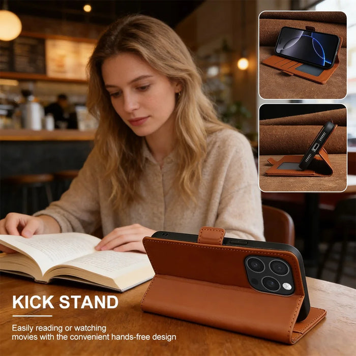 For iPhone 16 Pro Leather Case Wallet Stand TPU + PU Skin-touch Cover - Brown - 6