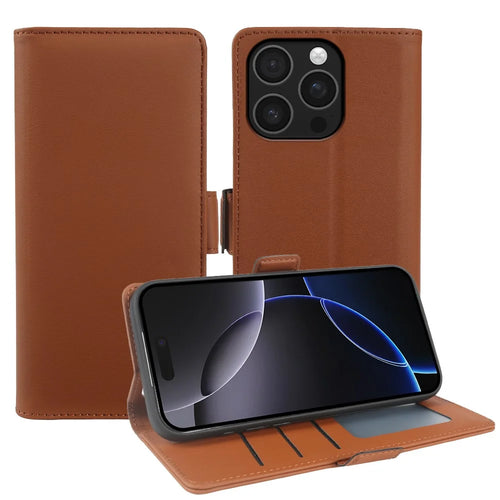 For iPhone 16 Pro Max Leather Case Wallet Stand TPU + PU Skin-touch Cover - Brown - 1