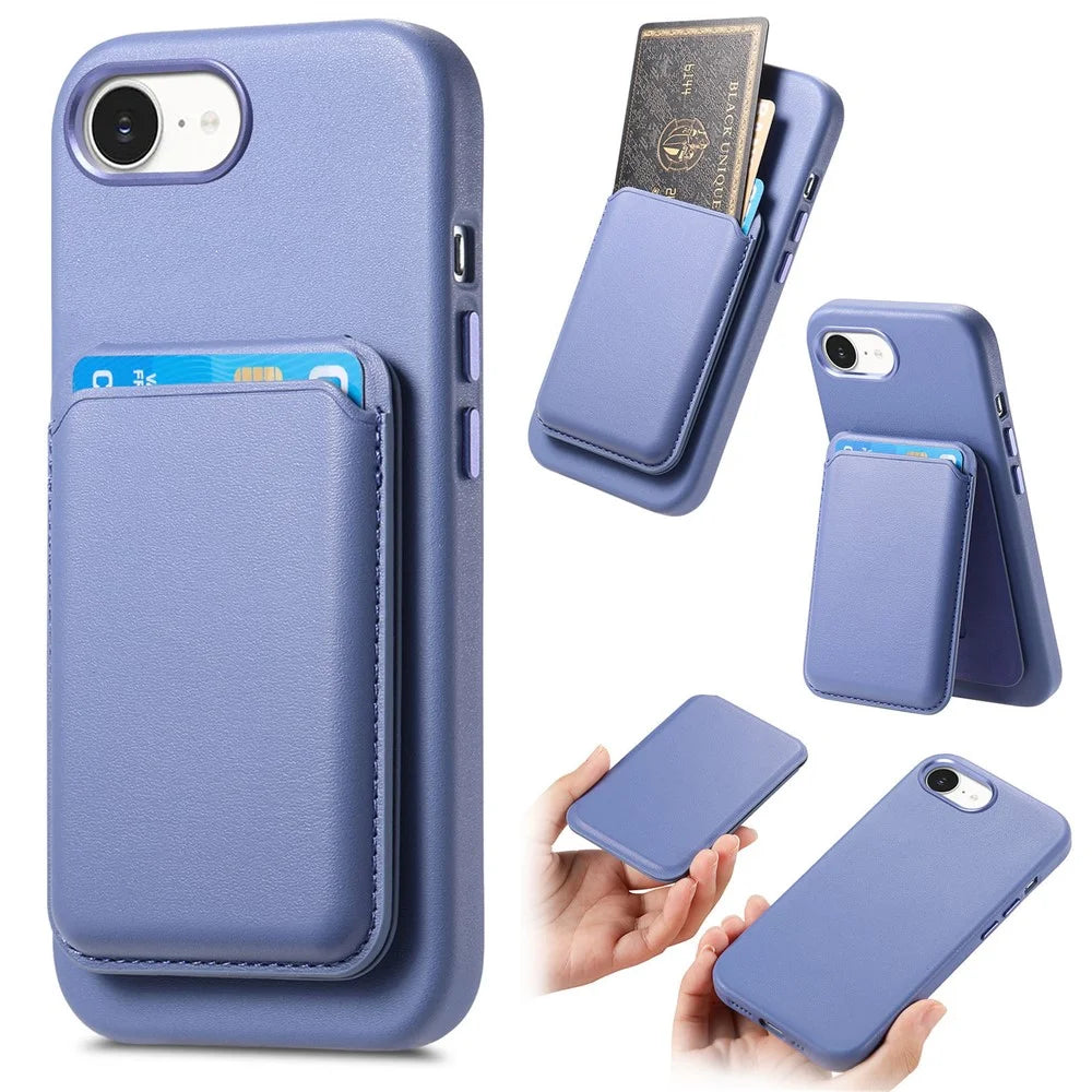 Magnetic Case For iPhone 17e  /  16e Detachable Card Slot Leather+TPU Phone Cover with Metal Buttons - Baby Blue - 1