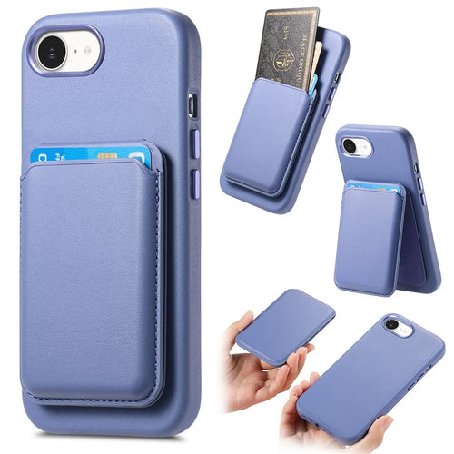 Magnetic Case For iPhone 17e  /  16e Detachable Card Slot Leather+TPU Phone Cover with Metal Buttons - Baby Blue - 1