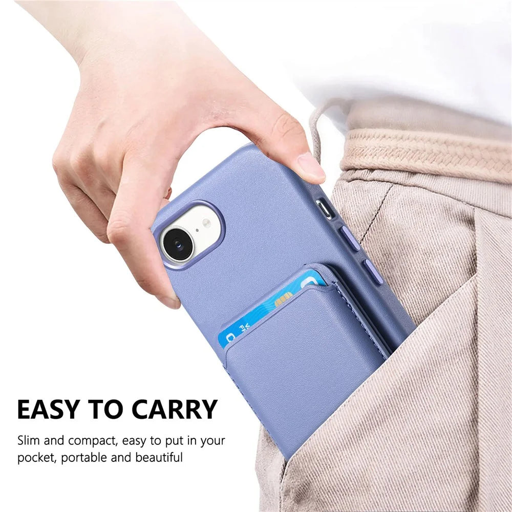 Magnetic Case For iPhone 17e  /  16e Detachable Card Slot Leather+TPU Phone Cover with Metal Buttons - Baby Blue - 6