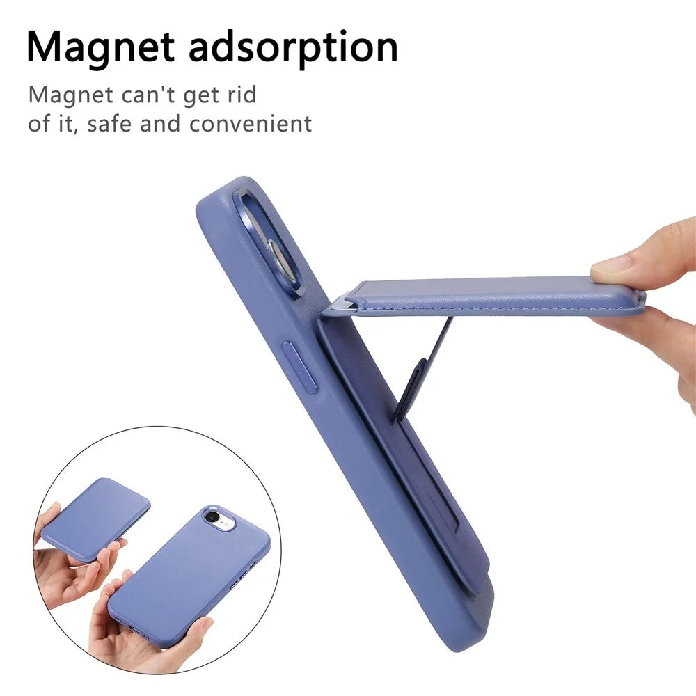 Magnetic Case For iPhone 17e  /  16e Detachable Card Slot Leather+TPU Phone Cover with Metal Buttons - Baby Blue - 7