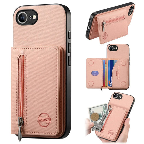 Phone Case For iPhone 17e  /  16e Zipper Card Holder Kickstand Jeans Cloth Texture Leather Back Cover - Pink - 1