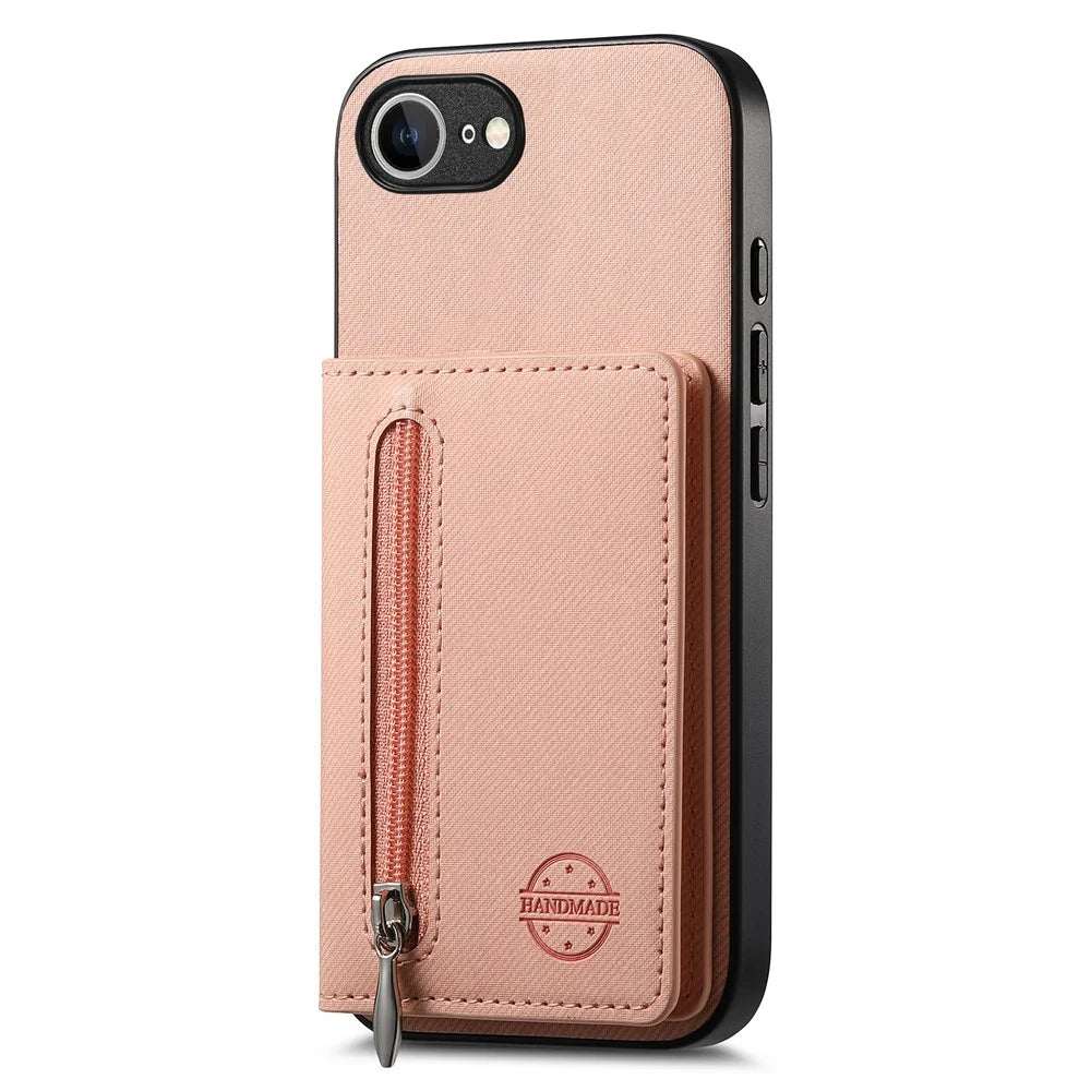 Phone Case For iPhone 17e  /  16e Zipper Card Holder Kickstand Jeans Cloth Texture Leather Back Cover - Pink - 2